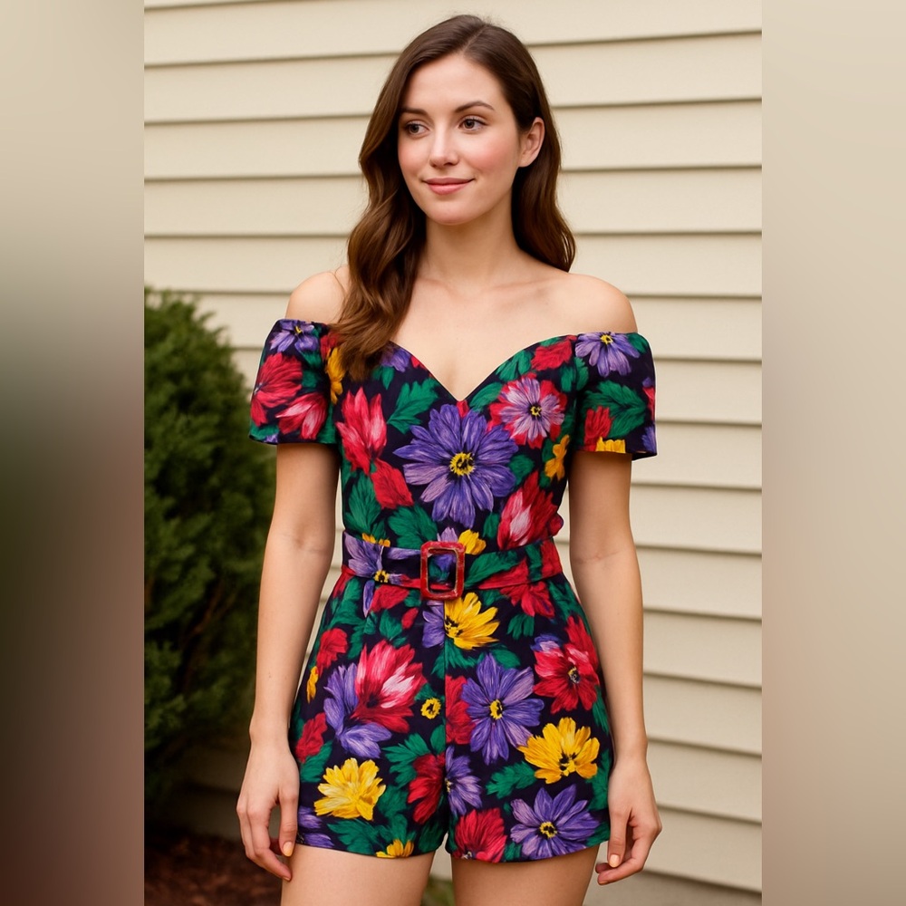 Vintage 1980s Floral Romper Size 7/8 Off Shoulder Belted Cotton Playsuit